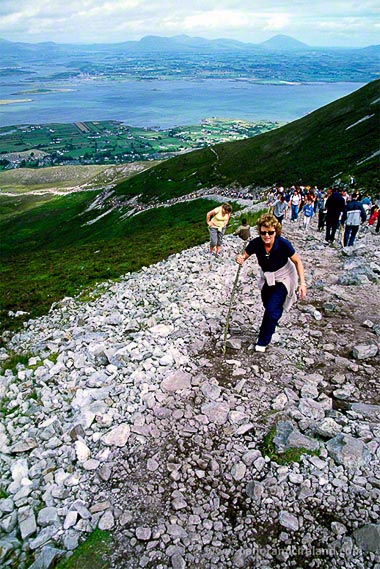 Climbers halfway up Croagh Patrick on Reek Sunday in Co. Mayo, Ireland